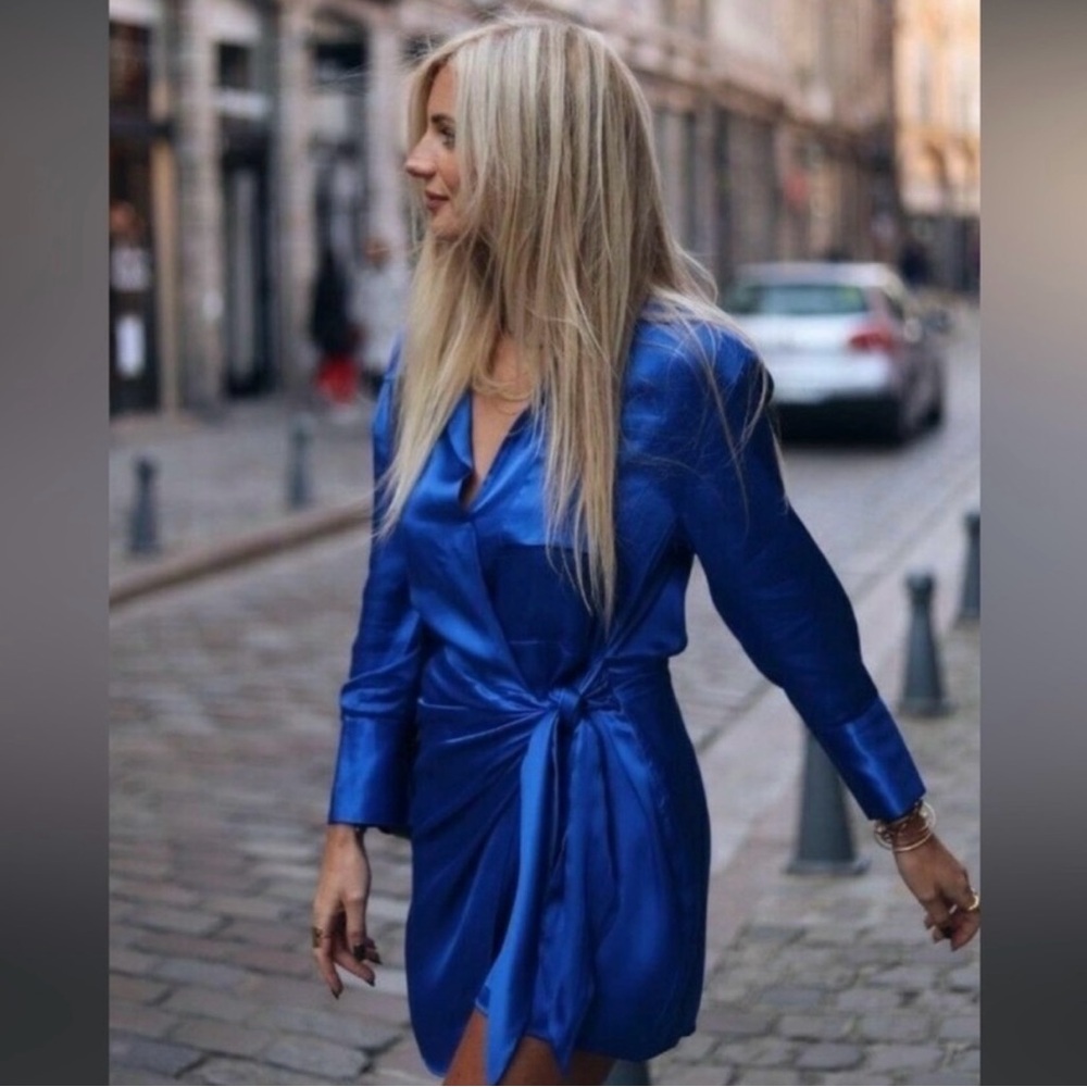 ZARA blue satin effect mini wrap dress